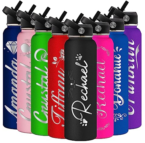 Individuell gravierte Wasserflasche, isoliert mit Strohhalm, personalisierte Sport-Wasserflasche mit Namen, personalisieren Sie Edelstahl-Wasserflasche mit Strohhalm-Deckel für Männer und Frauen