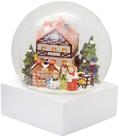 Schneekugel Nostalgie Mega-Format Schneemann Bauen auf Designer Pure-Line Sockel weiß eckig – 150mm Durchmesser - Schüttelkugel - Glitzerkugel * 20338