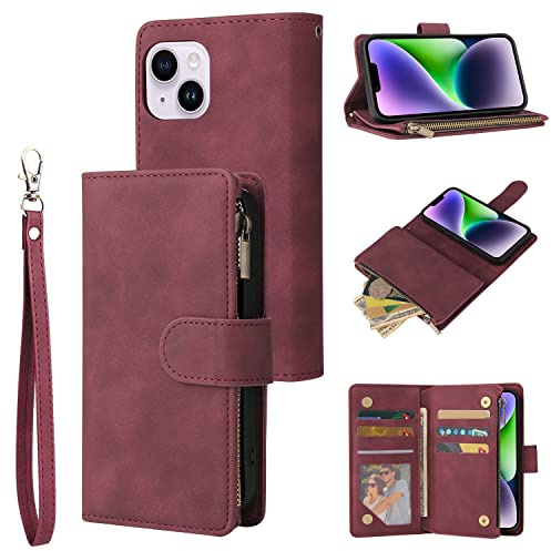 QLTYPRI Case for iPhone 15 6.1 inch, Large Capacity Leather Wallet Case 6 Card Holder & 1 Zipper Pocket Kickstand Wrist Strap Magnetic Case for iPhone 15 - Wine Red
