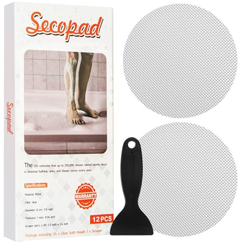 Secopad Original Bathtub Non-Slip Stickers for Tub & Shower Floor, Strong Anti-Slip Shower Stickers with Scraper Ideal for Families with Kids, Adults & Seniors, 12 PCS (Clear)