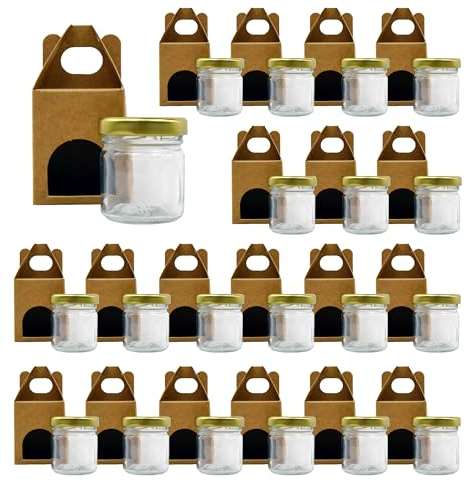 Espirito Rebelde 20 barattoli vuoti in vetro con coperchio da 40 ml con 20 barattoli di cartone per 1 barattolo di marmellata, con coperchio a vite dorato, per marmellate, conserve, miele