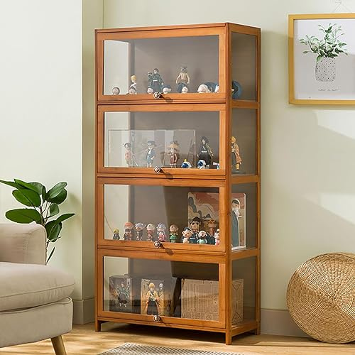 FERFXN Vitrine, Kuriositätenschränke mit Glastüren, Glasvitrine, Bambus-Aufbewahrungsschrank, Sammlungsdisplay, sicher und gesund, 70 * 32 * 140CM Brown