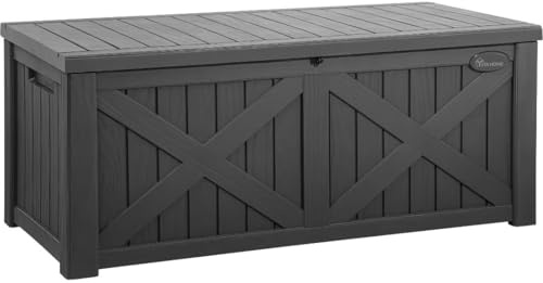 YITAHOME 150 Gallon Large Outdoor Storage Box with X-Shaped Front, Waterproof Resin Deck Box Cushion Storage Bench for Patio, Pool Supplies, Garden Tools - Lockable, Dark Gray
