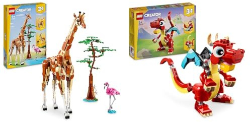 LEGO Creator 3in1 Tiersafari, Kreativ-Set mit Tierfiguren, Spielzeug-Giraffe & Creator 3in1 Roter Drache, Spielzeug mit 3 Tierfiguren inkl. Roter Drache