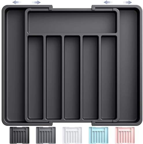 Aujen Cutlery Drawer Organiser - Expandable Kitchen Drawer Storage Organiser, Adjustable Cutlery Tray, Multipurpose Utensil Organisation for Forks, Knives, Black, 34 x 4 x 26~50 cm