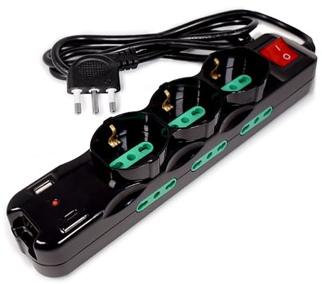 Tecnoware Power Systems Multipresa Power Cleaner 9, 3 uttag Italien/Schuko, 6 uttag Italien 10/16A, 1 USB-A port, 1 USB-C port, Quick Charger 3.0, belyst strömbrytare, svart
