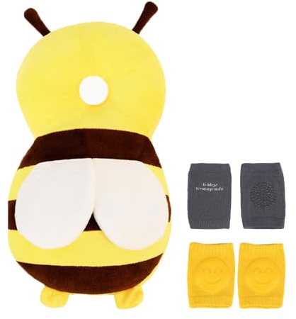 Jisrcha Protezione Testa Bambino, Ginocchiere Bambino per Testa Bambini Regolabile Zaino, Ausilio per Gattonatori E Bambini, Honey Bee