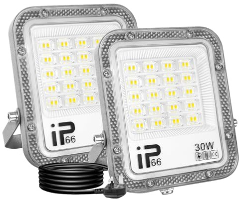 RIGIDON 2X Outdoor Flood led Work Light 30W 3000lm floodlight Cold White | UK plug, security, IP66 waterproof, 6000K, for garage garden yard lawn workshop court patio, 1 m wire, 175V to 265V