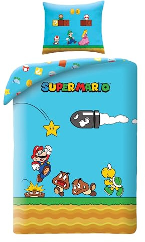 Super Mario Kinderbettwäsche 140x200 + Kissenbezug Mikrofaser Ultra Weich | Wendebettwäsche Einzelbett | Mikrofaser ultra weich schnelltrocknend Oeko-Tex | Nintendo Lizenz | Geschenk | Geschenkidee