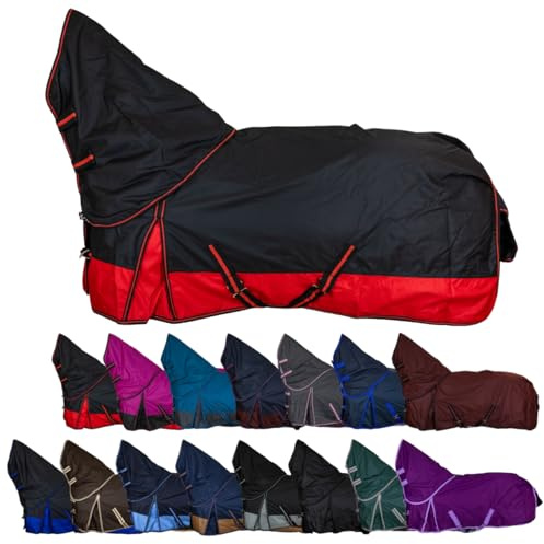 RL24 - Weidedecke Full Neck Basicline 600D Schwarz/Rot 135 cm | Polarfleecefutter – als Regendecke & Übergangsdecke – wasserdichte Outdoordecke mit Kreuzbegurtung – Pferdedecke