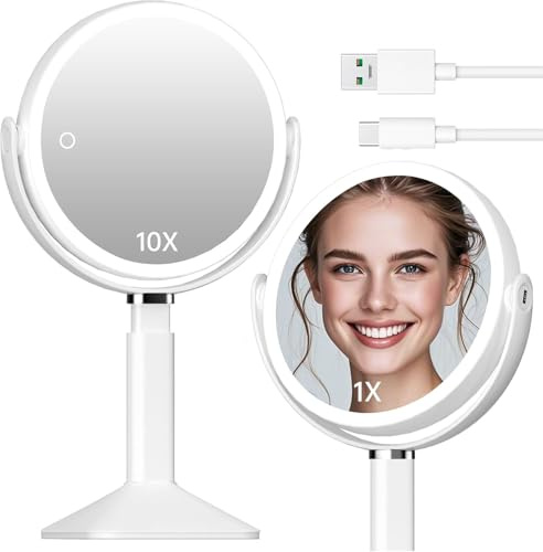 Glimmerx Makeup Mirror with Lights,Magnifying Mirror with Light and Touch Sensor, 1x/10x 360° Rotation Vanity Mirror with 3 Color Light,Rechargeable Double Sided Lighted Desktop,Women Gift-White
