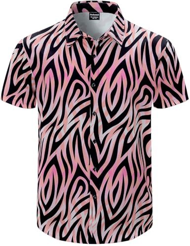 Fashonal Chemise hawaïenne boutonnée pour homme Imprimé animal Taille S à 4XL, Rose zébré, Taille L