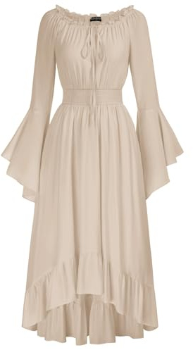 Scarlet Darkness Renässansklänning med långa ärmar och bara axlar, medeltida maxiklänning i vintagestil för kvinnor, BEIgE, XXL