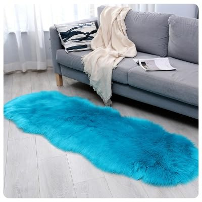 Rockreyoa Lammfell Schaffell Teppich Faux Lammfell Schaffell Teppich Fellteppich Kunstfell Weicher Fell Carpet Kunstfell Teppich Longhair Flauschiger Teppich für Bettvorleger Sofa Blau 60x180cm