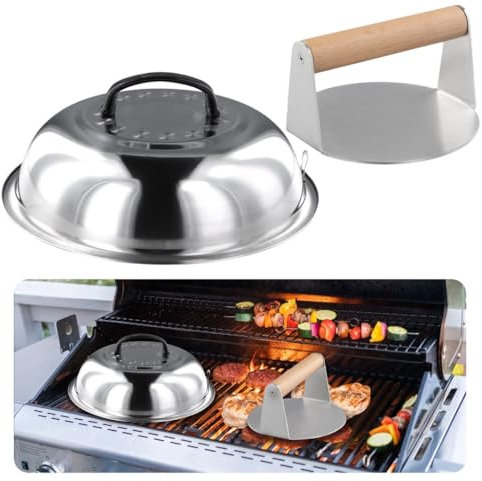 Pressa per hamburger resistente e cupola di fusione, 13 cm, coperchio per imbastitura da 29 cm, in acciaio inox, per grigliare in interni ed esterni, cottura