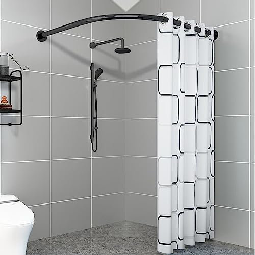 Gebogene Duschvorhangstange, Eckduschstange, Edelstahl, matt, rund, L-förmig, Duschstange, gebürstet, schwarz, 30 cm, Bogenradius für Eckduschen (Größe: 70, 95 x 70, 95 cm)