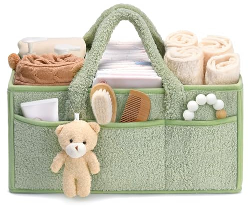 Tuocal Wickeltisch Organizer, Baby Windel Caddy Organizer Korb mit Fächern & Griffen, Tragbarer Baby Aufbewahrungskorb für Windeln und Feuchttüche, Geschenk für Babyparty, Grün