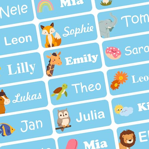INDIGOS UG - Namensaufkleber Kinder Schule - Textilien & Gegenstände - 120 Sticker Farbe hellblau - Namensschilder für Kleidung - personalisierte Aufkleber mit Wunschtext - waschmaschinenfest