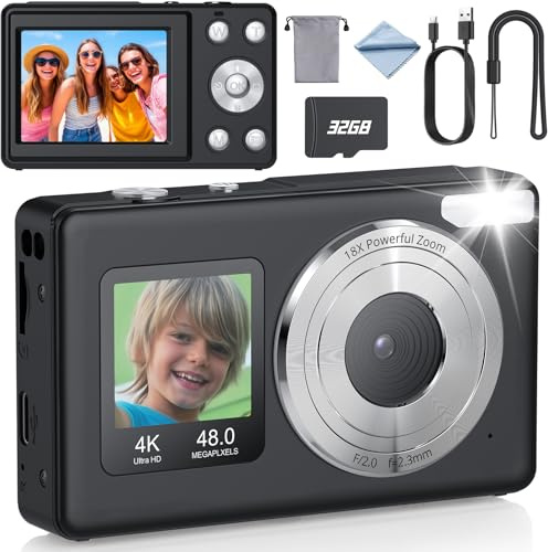 eSynic Appareil Photo Numérique 4K 48MP avec Carte Mémoire 32 Go Camera Digital Compact 18X Zoom Numérique Deux Écrans LCD Éclairage d'Appoint Appareil Photo Rechargeable pour Enfants Débutants -Noir
