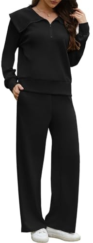 Yutdeng 2 Piezas Conjunto Chandal Mujer Invierno Otoño Pantalon y Sudadera Media Cremallera Conjunto Deporte Fitness Running Gym Chándal Mujer Completo con Bolsillos Casual Vestir Dos Piezas,Negro,M