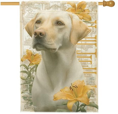Drapeau floral de jardin printanier, labrador jaune et fleurs de lys - Bannière de décoration d'intérieur double face en toile de jute - Décoration de pelouse extérieure - 71,1 x 101,6 cm