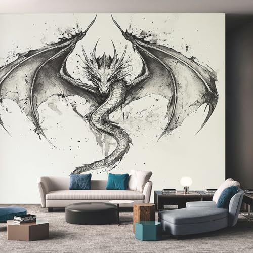 Générique Papier Peint Dragon 200X140cm, Papier Peint Intissé Dragon Maléfique Noir et Blanc Salon Chambre Panoramique Decoration, Fresque Murale Décoration Murale D1