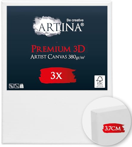 Artina 3er Set 3D Leinwand bespannt auf stabilem FSC® Keilrahmen Baumwolle | 24x30cm weiß 3-fach vorgrundiert 100% Baumwolle Qualität für Künstlerbedarf verzugsfrei Malen 3D Premium