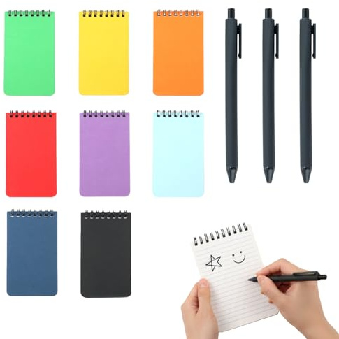 8 Pezzi Taccuino A7 con 3 Pezzi Penne, Mini Quaderni a Spirale con Copertina, 50 Pagine per Blocco Note Portatile, Colori Assortiti per Ufficio Scuola Viaggio
