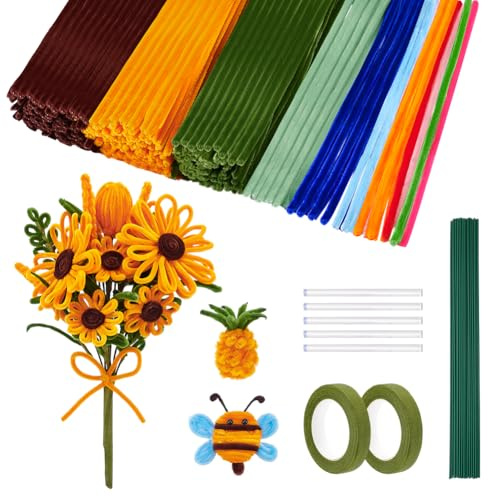 Peacoblue Pfeifenreiniger Bastelset, Sonnenblumen DIY Set | 300 Stück Chenilledrähte für DIY Blumen, Bastelzubehör für Heimdekoration, Geschenke, Muttertag und Abschlussfeiern