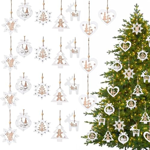 24 PCS Weihnachtsbaum Anhänger,Weihnachtsbaumschmuck Holz Weiße Holz Weihnachts-Anhänger Hängeornamente,Vintage Weihnachten Deko Schneeflocken Baumschmuck für Drinnen & Draußen