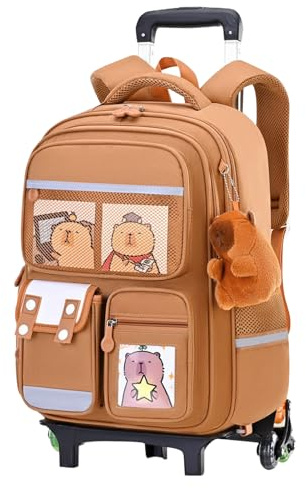 baabeash Rollender Rucksack | Schulrucksack Mit Rollen Und Capybara-Motiv | Höhenverstellbarer Trolley Großraum Reisetasche Für Kinder Schule Berufsschule College