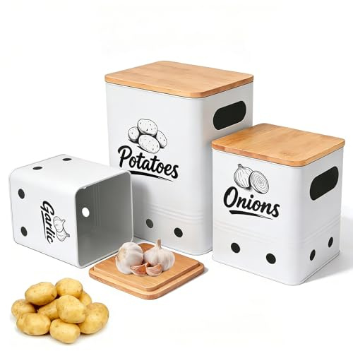 CheurYae Kartoffel Aufbewahrungsbox,3er Set Kartoffel Zwiebel Knoblauch Aufbewahrung,Nistbar & Stapelbar für Küche, Speisekammer,Hält länger frisch (Weiß)