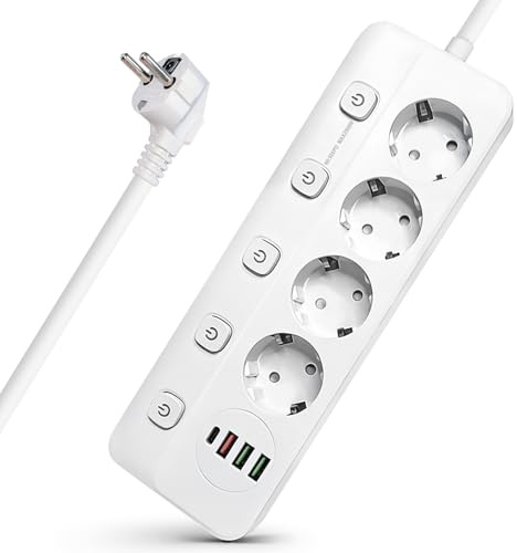 Amening Steckdosenleiste 4-Fach einzeln schaltbar, Mehrfachsteckdose mit 4 USB (5V/2.0A),Tischsteckdose mit 2m Verlängerungskabel, Kindersicherung & Überlastschutz, Weiß (Max. 2500W)