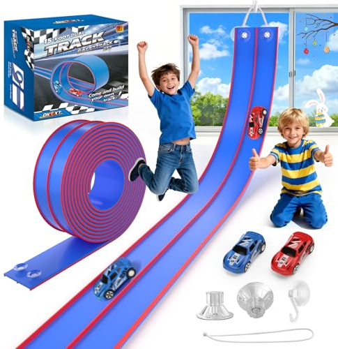DKOXT 15 Ft Flexible Race Track for Kids, DIY Car Track Set with 2 Toy Cars & 3 Suction Cup Ramps, Easter Basket Stuffers for Teens & Boys Girls, Creative Easter Gifts for Kids, Blue