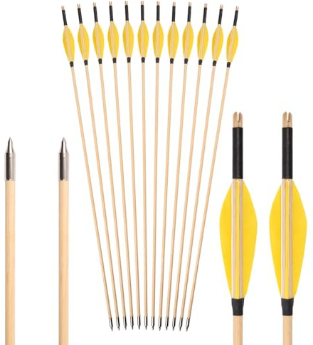 PHILOCS 12 pz OD 8 mm Flecha de Madera de Cedro con Pluma de Pavo Amarilla Longitud del astil 33 para Tiro con Arco Práctica Caza
