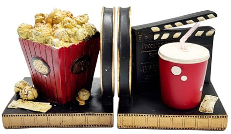 Vintage Dekorative Buchstützen, Neuheit Filmrolle Klappe und Popcorn Getränke Buchstützen, Hochbelastbare Harz Buchstützen für Regale Heim Büro Dekorationen, Geschenk für Regisseure Künstler