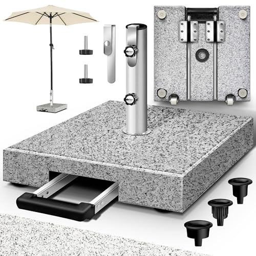 tillvex® Granit Sonnenschirmständer mit Rollen & Trolley-Griff 27 kg Eckig | Schirmständer Sonnenschirm mit Edelstahlrohr | Balkonschirmständer für Schirmstöcke 16-48 mm & 300 cm Schirmdurchmesser