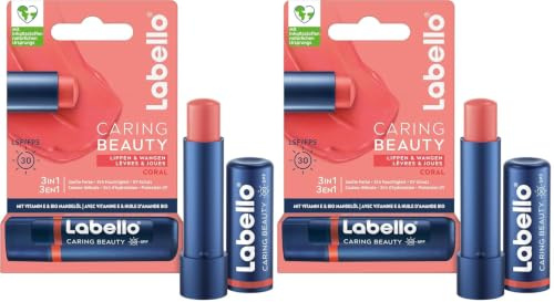 Labello Caring Beauty Coral Lippenpflegestift mit Farbe und Sonnenschutz, farbige Lippenpflege mit LSF 30, Vitamin E & Bio-Mandelöl, Lippenbalsam für Lippen & Wangen (4,8 g) (Packung mit 2)