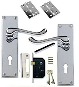 Victorian Scroll Polished Chrome Door Handle Lock Pack +2 Lever Lock +Hinges (KA)