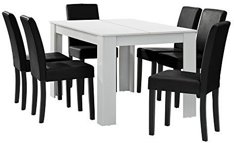 [en.casa] Esstisch weiß matt mit 6 Stühlen schwarz Kunstleder gepolstert 140x90 Essgruppe Esszimmer