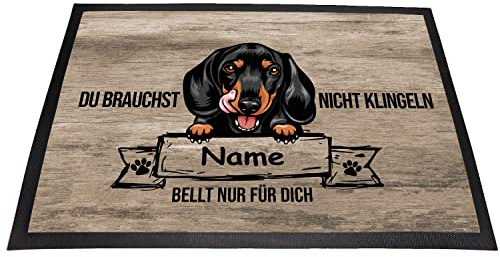 Tierisch-tolle Geschenke Fußmatte Hund „Du brauchst Nicht klingeln“ mit Hundemotiv und Namen (über 70 Rassen verfügbar) | Innen | Außen | Waschbar | Witzig |Personalisiert (Dackel 3)