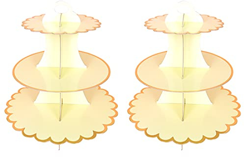 2 PACK Cardboard Cake Stand, 3 Tier Paper Dessert Round Cupcake Holder Tower Disposable Pastry Stand for Birthday, Afternoon Tea,Wedding Party Anniversary Christening Fruit Desserts Display(Yellow)