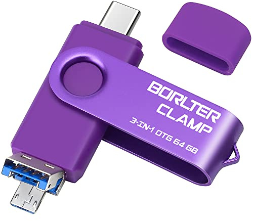 BORLTER CLAMP 64 GB USB-minne 3-i-1 för Android-mobiltelefoner, OTG USB 3.0 flash-enhet, minne med 3 USB-portar (USB Type-C/microUSB/USB-A) för Samsung Galaxy, bärbara datorer med mera (lila)