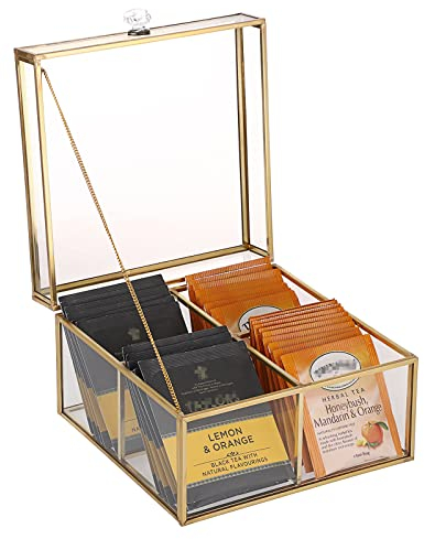 IGNPION Scatola portaoggetti in vetro per bustine di tè, moderna scatola portaoggetti con 4 scomparti, porta bustine di tè, decorativo, trasparente, per caffè, tè, cosmetici, gioielli