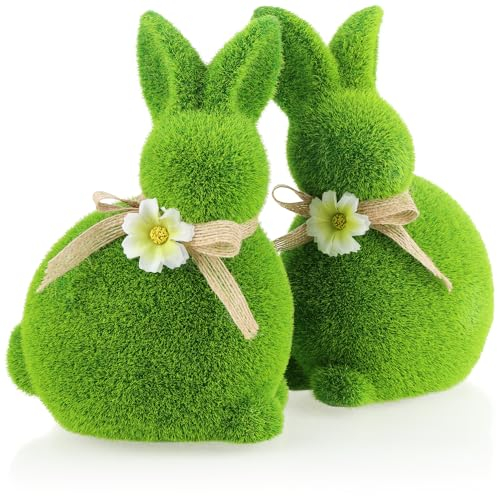 com-four® 2x decorative figure - Easter bunny with bow and flowers - ceramic rabbit figure for spring - pair of rabbits covered with artificial grass - Easter decoration (02 x Bunny-20 cm)