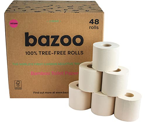 Bazoo Luxury Bamboo Unbleached Toilet Tissue Paper - Plastic Free, Eco Friendly, Septic Safe, Biodegradeable Bath Tissue with Soft, Quick Dissolving 3 Ply Sheets - Double-Length Bamboo Toilet Rolls