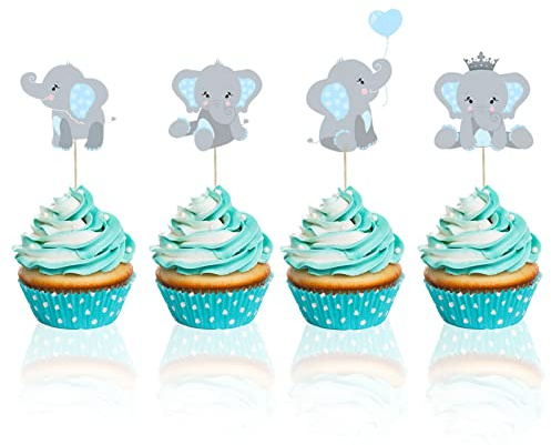 48 st blå elefant cupcake toppers – tårtdekorationsplektrum – pojke och flicka baby shower och födelsedagsfest toppers