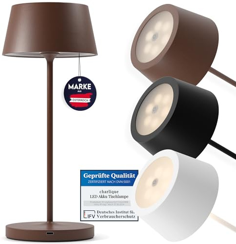 charlique® LED Akku Tischlampe - kabellos, braun 34 cm, dimmbar, Aluminium