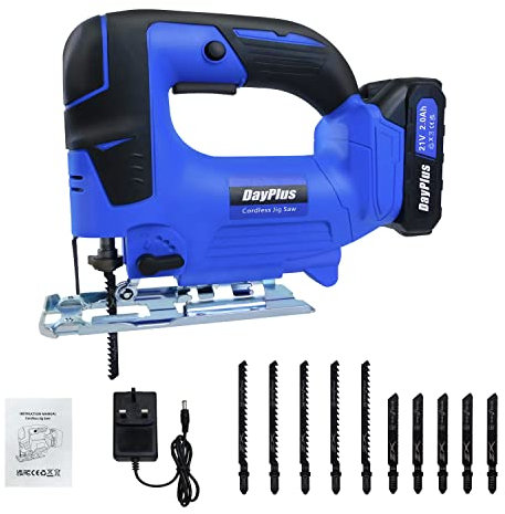 Cordless Jigsaw with Battery and Charger 21V 2.0Ah, 340W 26000 SPM Electric Jigsaw Tool w/26mm Stroke Length, Max Cutting Depth 135mm for Wood, 0-3 Orbital Sets 10 Blades, Bevel Cutting: -45° to 45°
