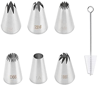 6 Pezzi Beccucci in Acciaio Inox, Decorazione Torte Set, Bocchette Decorative Accessori per Cupcakes con1 spazzola per la pulizia per Decorare Torte per Cottura Fai da Te Torta alla Crema Cupcake